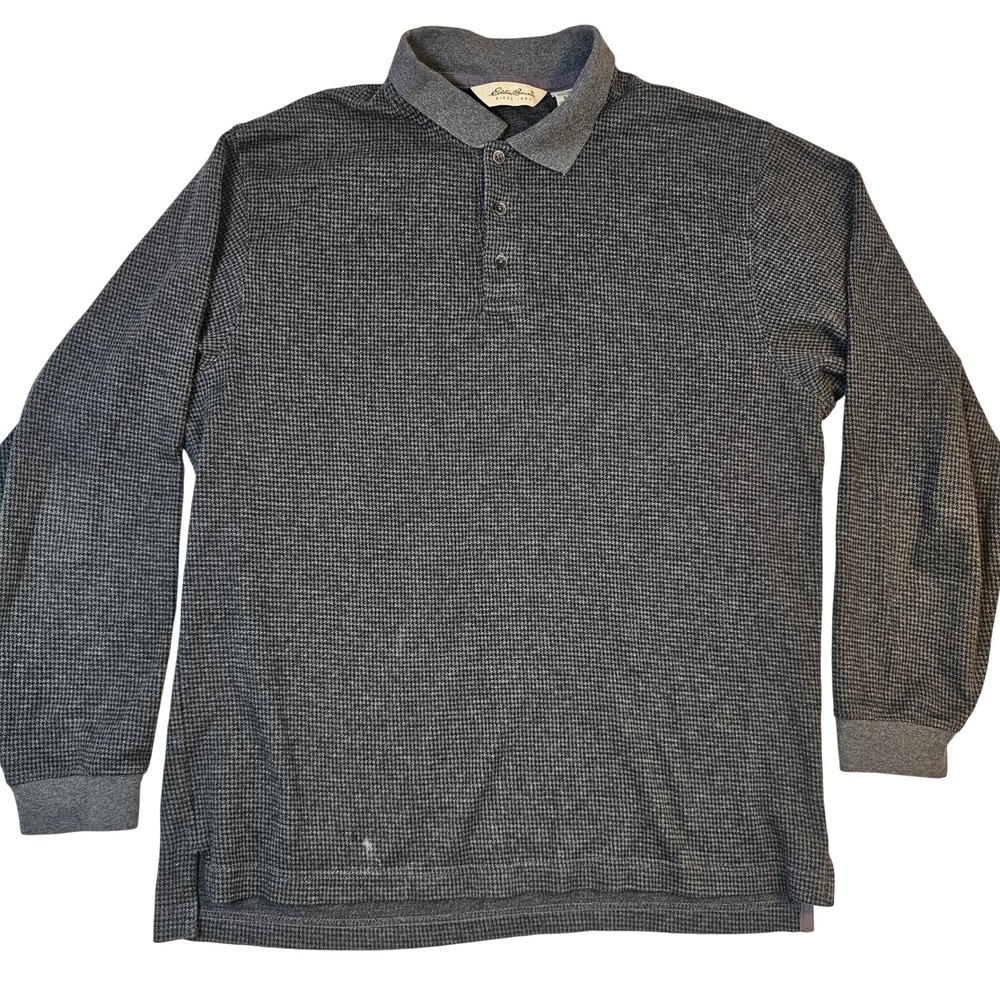Eddie Bauer Mens Small Long Sleeve Polo Shirt Grey Houndstooth Cotton WPL 9647